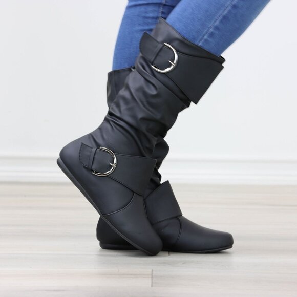 Black Mid-Calf Boots Slouch Shaft Faux Leather Side Zip Flat Sole - Picture 8 of 14